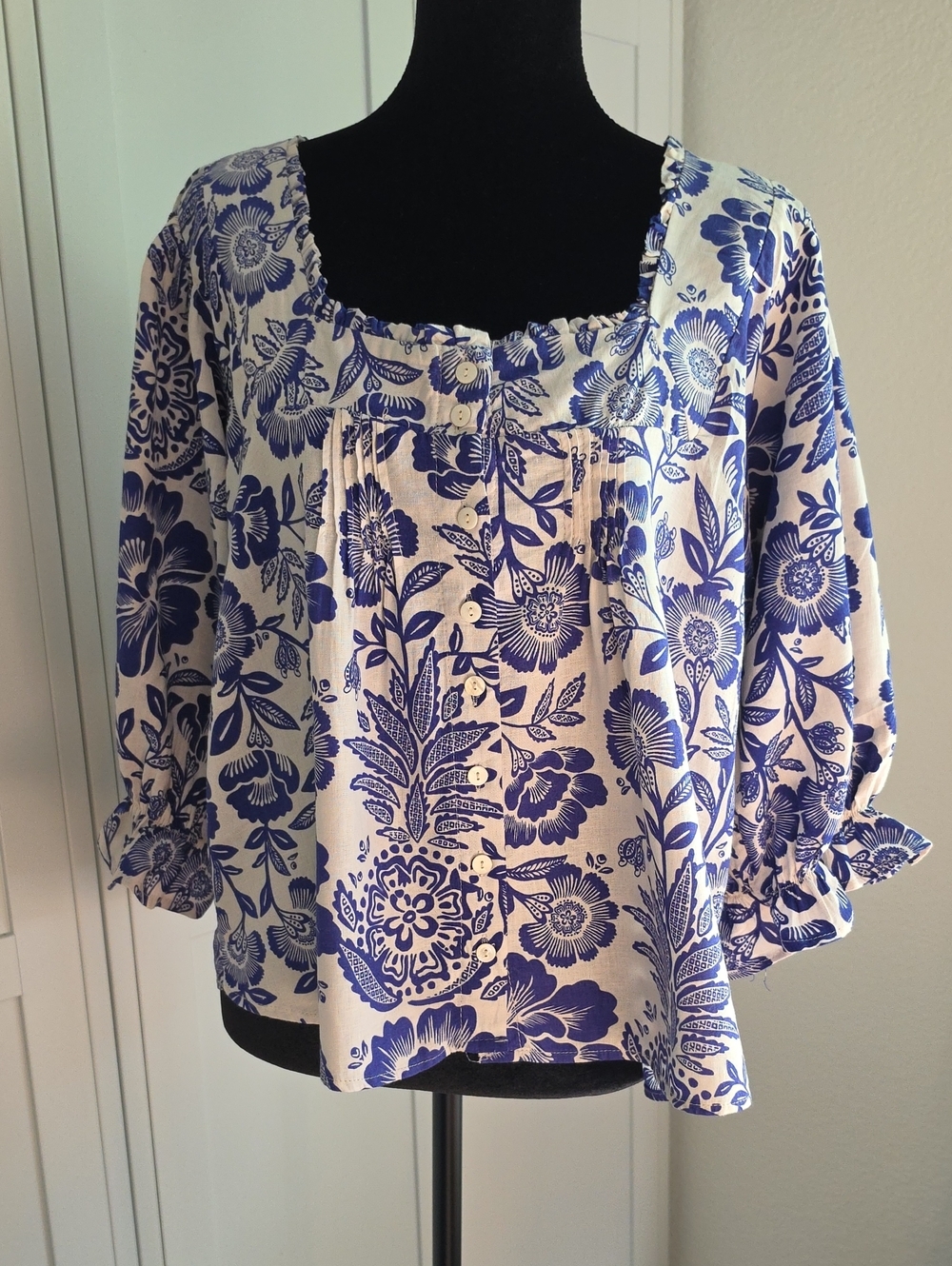 Rachel Zoe White Blouse with Blue Floral Print